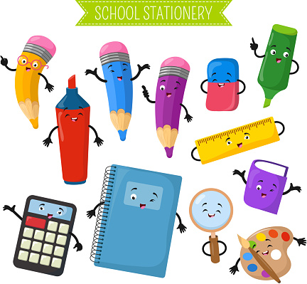 Cartoon 3d vector characters of school writing stationery. Calculator and notebook, marker cartoon character with face illustration