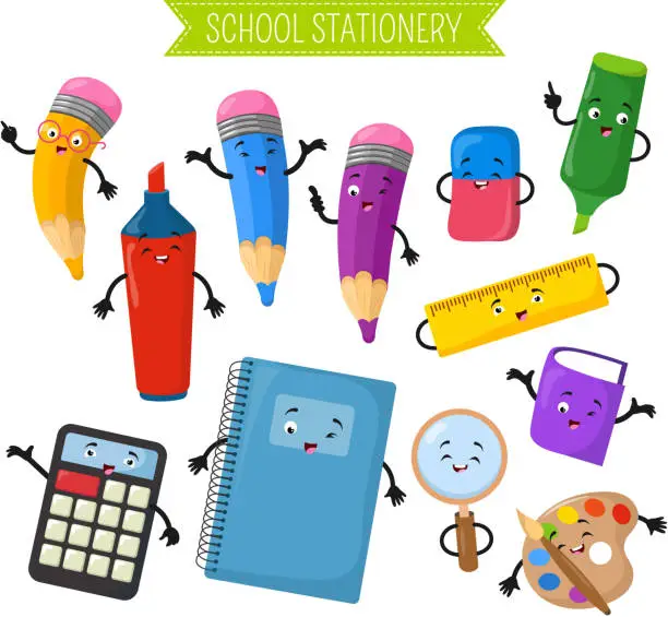 Vector illustration of Cartoon 3d vector characters of school writing stationery