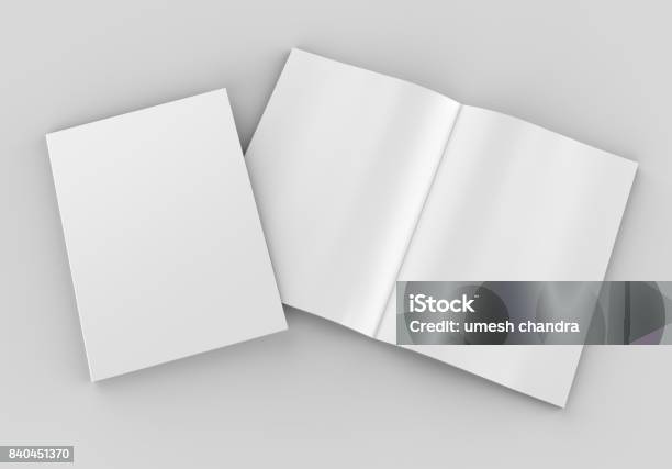 Blank White Opened Catalog Magazines Book For Mock Up And Template Design On Grey Background 3d Render Illustration Stock Photo - Download Image Now