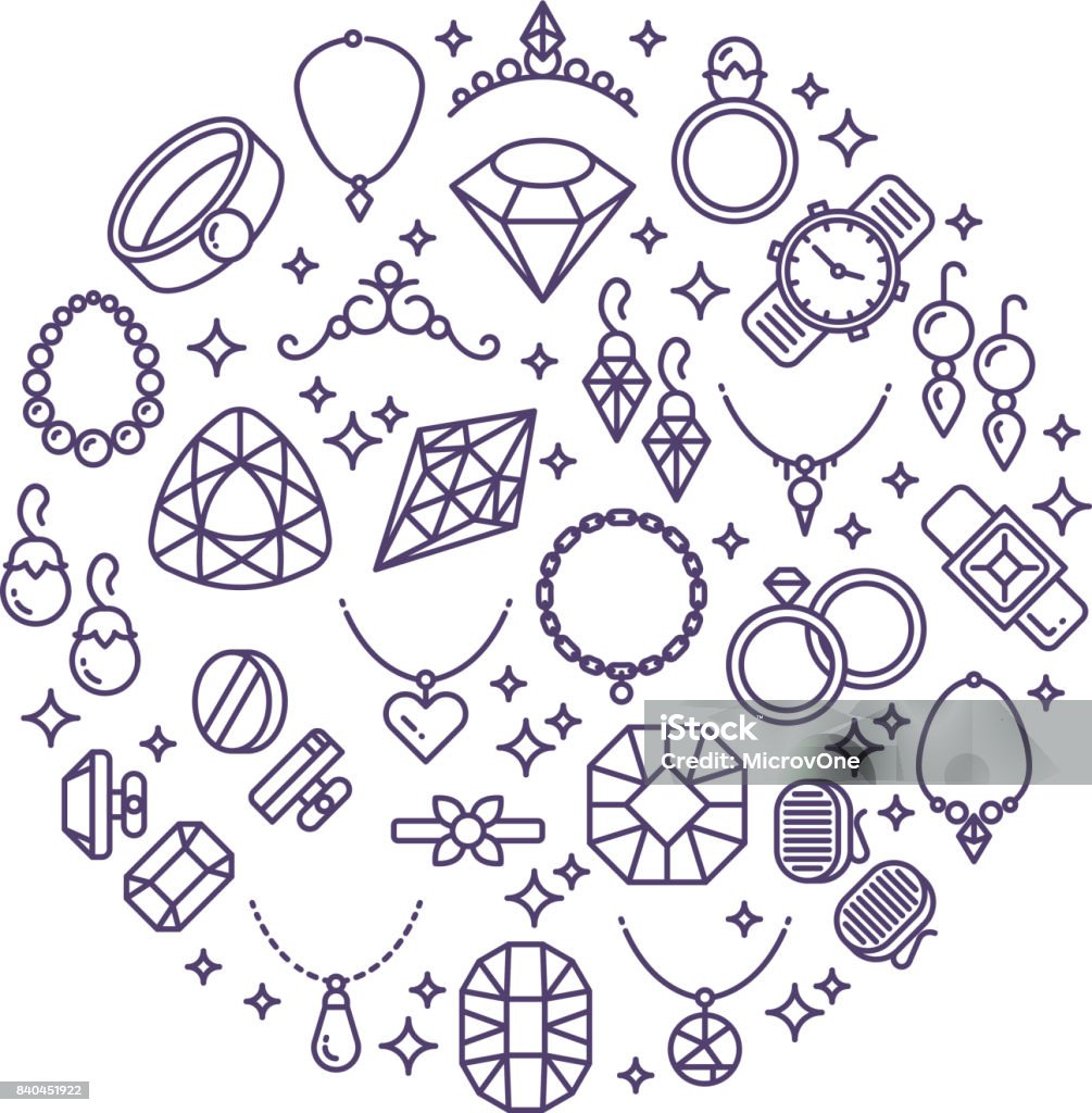 Jewelry and gemstones line vector icons. Luxury concept for jewelry store Jewelry and gemstones line vector icons. Luxury concept for jewelry store. Gemstone and diamonds round emblem Jewelry stock vector