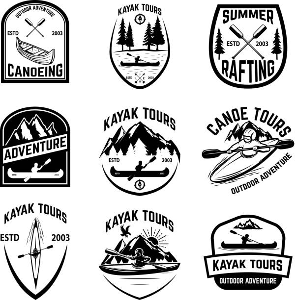 illustrations, cliparts, dessins animés et icônes de ensemble de canoë-kayak de badges isolés sur fond blanc. kayak, excursions en canot. - wooden raft