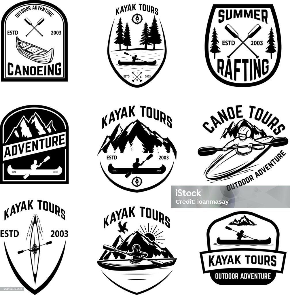 Set of canoeing badges isolated on white background. kayaking, canoe tours. Set of canoeing badges isolated on white background. kayaking, canoe tours. Design elements for label, emblem, sign. Vector illustration Canoe stock vector