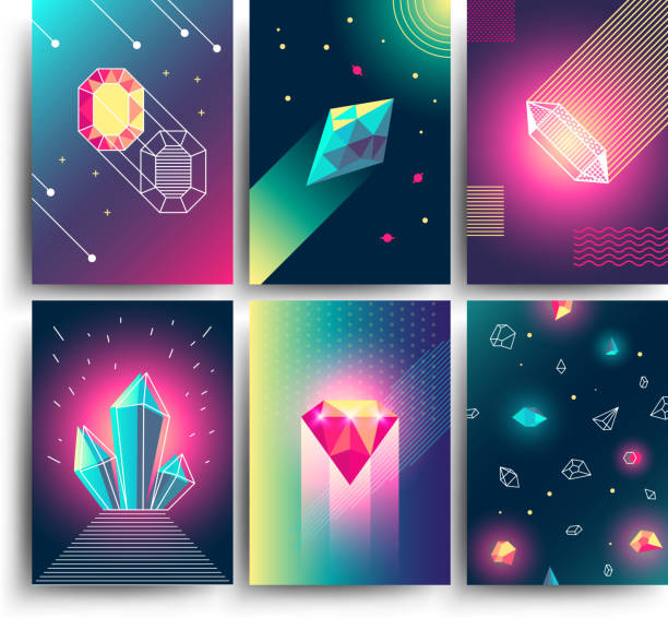 ilustraciones, imágenes clip art, dibujos animados e iconos de stock de resumen carteles cósmica moda vector con gemas de cristal y formas geométricas de la pirámide. fondos de galaxy de neón de los años 80 estilo - crystal bright diamond gem