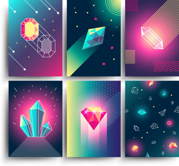 Abstract trendy vector cosmic posters with crystal gems and pyramid geometric shapes. Neon galaxy backgrounds in 80s style Abstract trendy vector cosmic posters with crystal gems and pyramid geometric shapes. Neon galaxy backgrounds in 80s style. Poster with geometric polygon pyramid or crystal illustration diamond gemstone stock illustrations