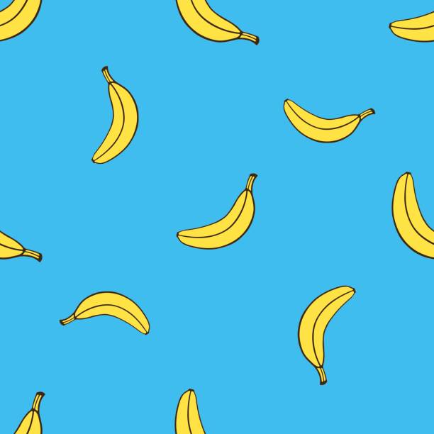 illustrations, cliparts, dessins animés et icônes de illustration vectorielle. modèle sans couture avec chute jaune banane non pelée dans un style pop art sur fond bleu. végétarienne saine. modèle avec contour - banane