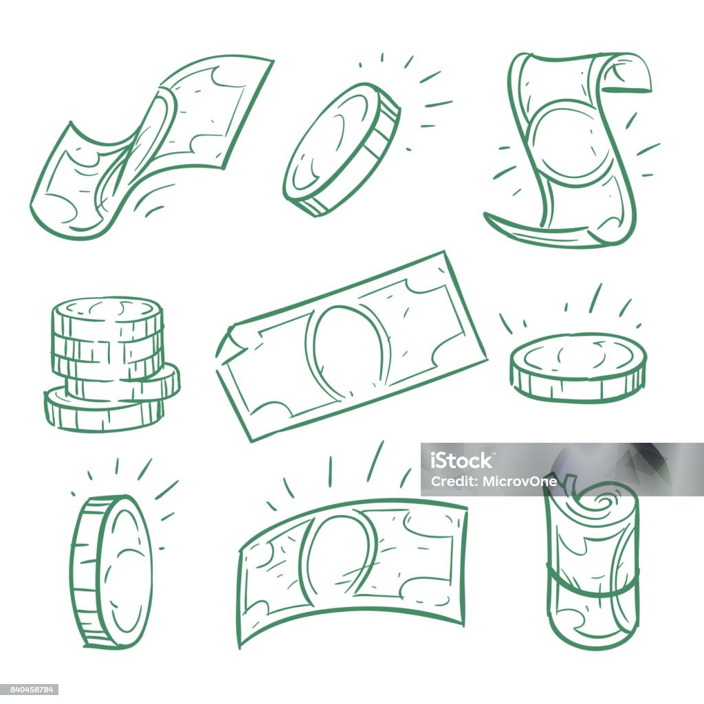 Hand drawn money. Doodle dollar banknotes and coins vector set Hand drawn money. Doodle dollar banknotes and coins vector set. Money cash doodle, coin sketch finance banknote illustration Coin stock vector