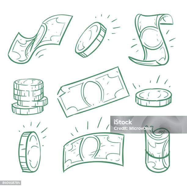 Hand Drawn Money Doodle Dollar Banknotes And Coins Vector Set Stock Illustration - Download Image Now