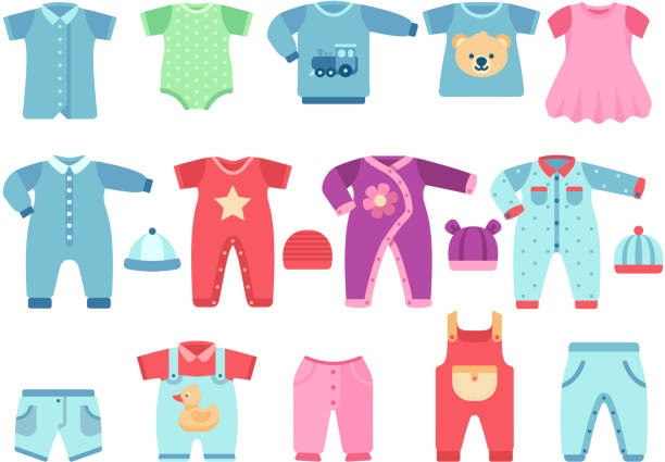 ilustraciones, imágenes clip art, dibujos animados e iconos de stock de ropa de bebé niño y niña. ropa para bebé vector - shirt clothing dress elegance