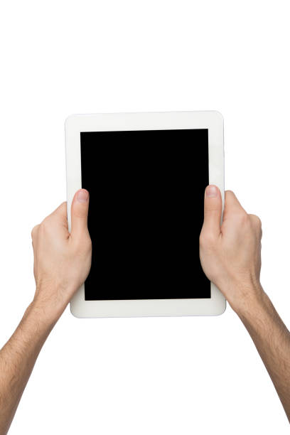 istock Man holding digital tablet with blank screen isolated on white 840461546