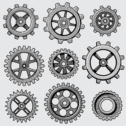 Retro sketch mechanical gears. Hand drawn vintage cog wheel parts of factory machine vector illustration. Gear cog wheel sketch, hand drawing mechanism