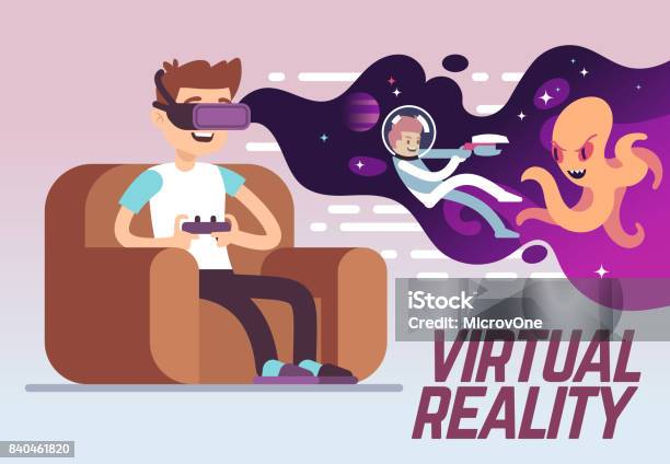 Ilustración de Muchacho Con Auriculares Juego Realidad Virtual 3d Juego De Simulación Concepto De Vector De Entretenimiento Digital y más Vectores Libres de Derechos de Juegos