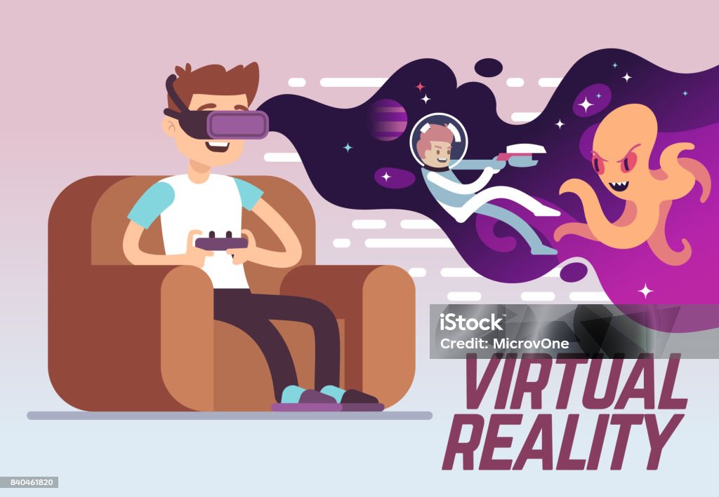 Boy with headset playing virtual 3d reality simulation game. Digital entertainment vector concept Boy with headset playing virtual 3d reality simulation game. Digital entertainment vector concept. Innovation play device, illustration of vr cyberspace Leisure Games stock vector