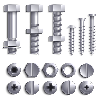 Metal screws, steel bolts, nuts, nails and rivets isolated on white vector set. Construction steel screw and nut, rivet and bolt metal illustration