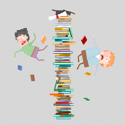 Students falling off mountain of books