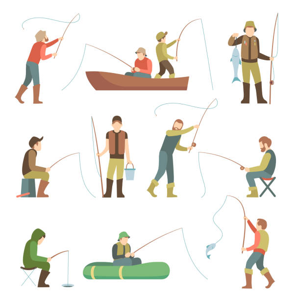 ilustraciones, imágenes clip art, dibujos animados e iconos de stock de iconos planos de pescador. pueblo de pesca con peces y equipo vector set - pescar ilustraciones