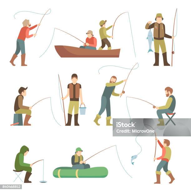 Fisherman Flat Icons Fishing People With Fish And Equipment Vector Set Stock Illustration - Download Image Now