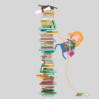 Girl climbing mountain of books