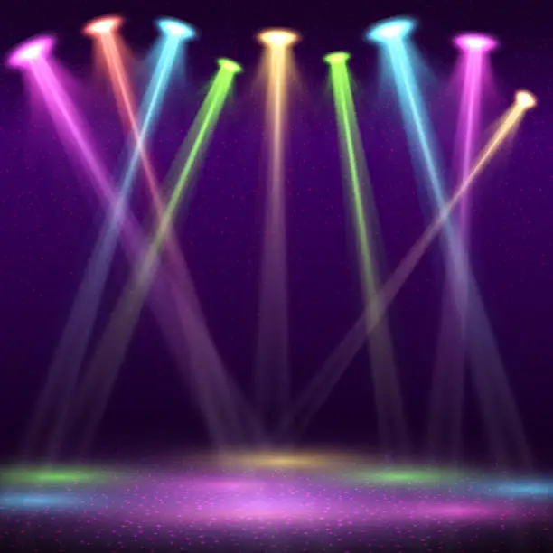 Vector illustration of Modern interior of nightclub with empty show stage and color spot lights vector illustration