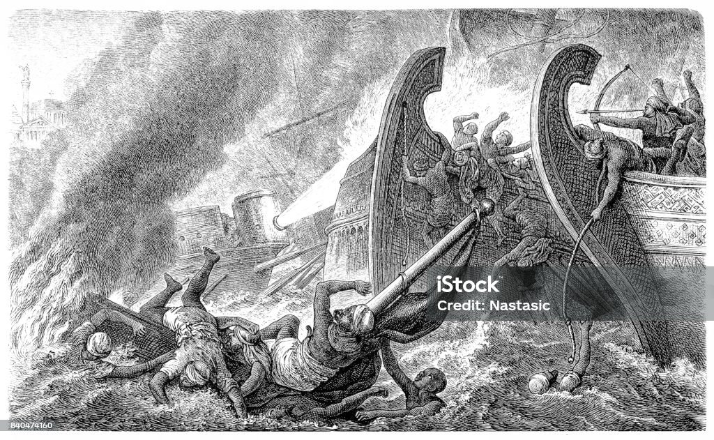 Greek fire against the Arabs in Constantinople, 7th cebntury Illustration of a Greek fire against the Arabs in Constantinople, 7th cebntury Fire - Natural Phenomenon stock illustration