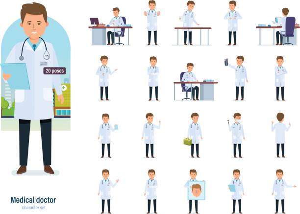 Set of character medical doctor in different poses. Healthcare, help Set of character medical doctor. Healthcare and medical help. Doctor works, first aid, conducts research and advice, prescribes treatment, reads results. Illustration people front and rear view. sport set competition round stock illustrations