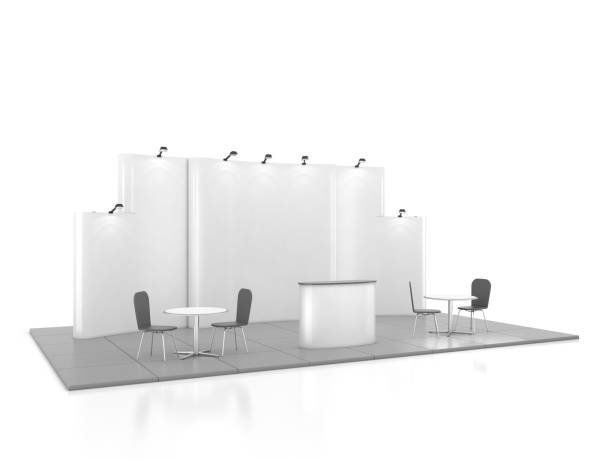 istock Blank creative exhibition stand design with color shapes. Booth template 01. 3D render 840478554
