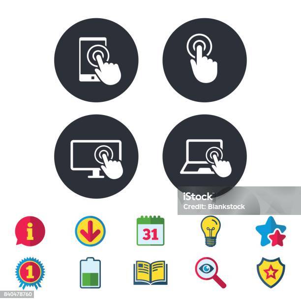 Touch Screen Smartphone Hand Pointer Symbols Stock Illustration - Download Image Now - Award, Badge, Battery