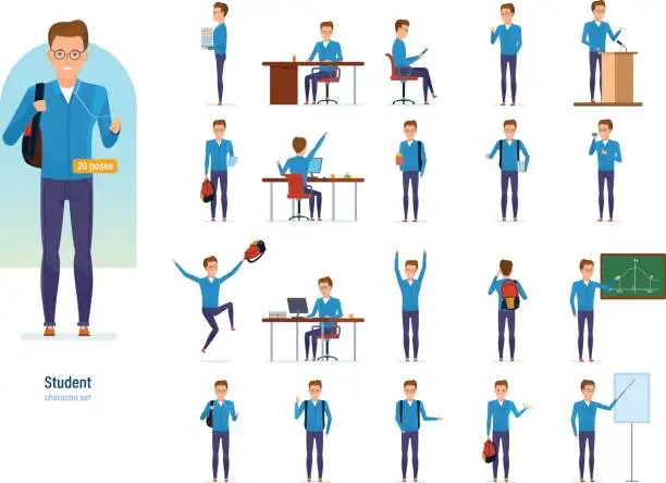 Vector illustration of Set of character modern student. Education and training