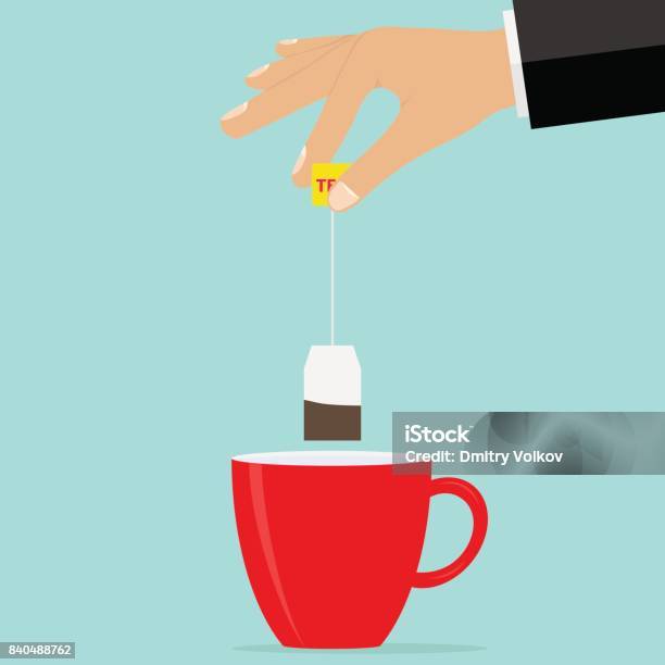 The Hand Holds A Teabag Over The Cup Brew Tea Stock Illustration - Download Image Now - Mug, Tea Cup, Vector