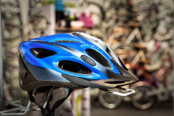 istock Bike helmet with blue stipes 840489406