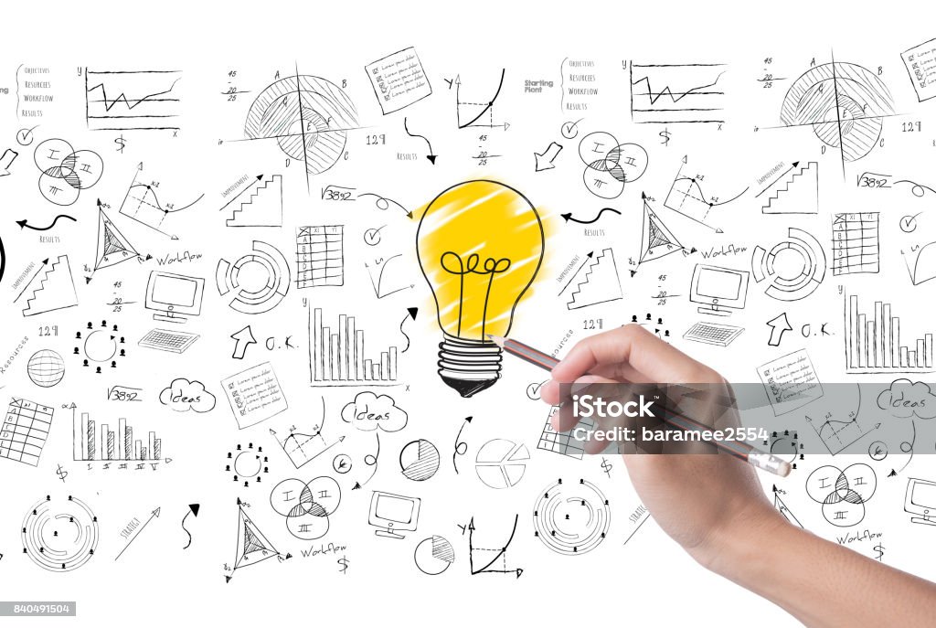 hand draw lightbulb on wall background. concept for new ideas with innovation and creativity. Brainstorming Stock Photo