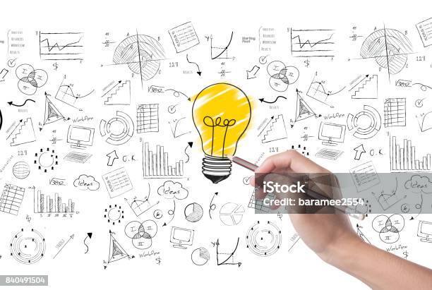 Hand Draw Lightbulb On Wall Background Concept For New Ideas With Innovation And Creativity Stock Photo - Download Image Now