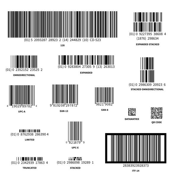 ilustraciones, imágenes clip art, dibujos animados e iconos de stock de conjunto de códigos de barras diferentes aislados en blanco - código de barras