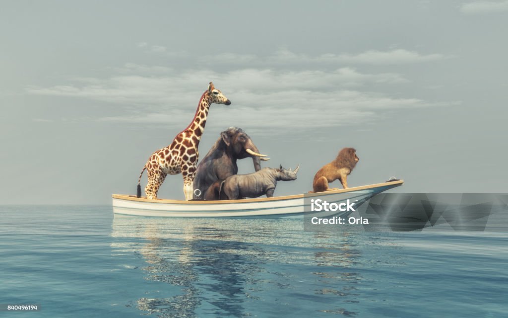 The wild animals Wild animals - lion, rhino, elephant, giraffe, sitting in a boat by sea.  This is a 3d render illustration Animal Stock Photo