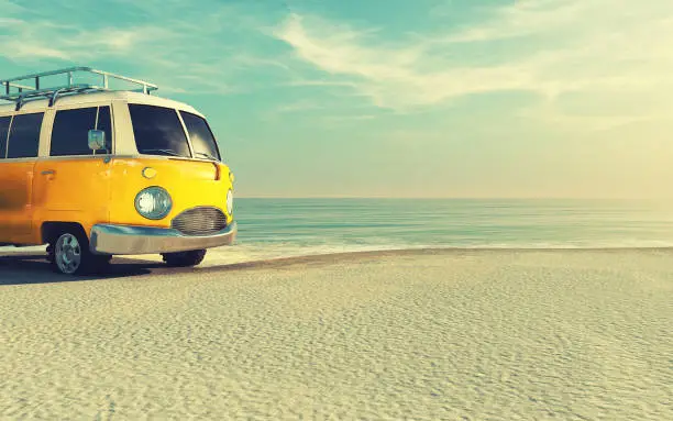 A yellow car on the sandy beach. This is a 3d render illustration. The car is a generic model.