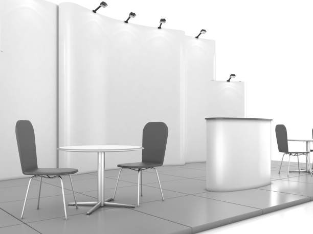 istock Blank creative exhibition stand design with color shapes. Booth template 02. 3D render 840497214