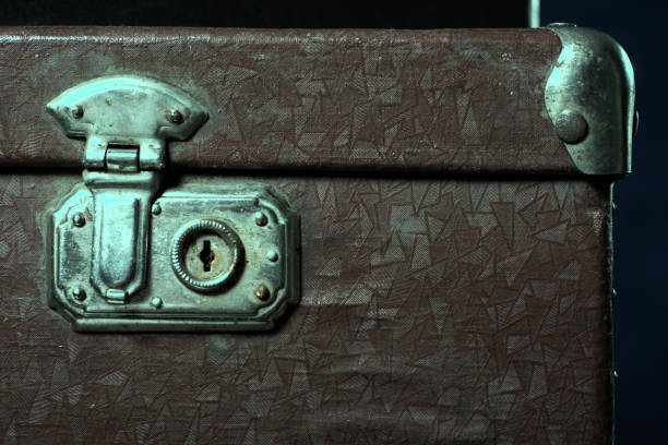 Key lock on old leather suitcase, macro shot, flat lay