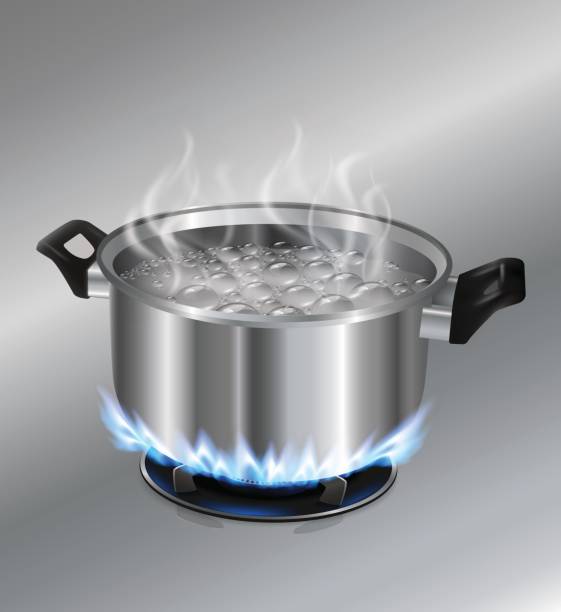 Stainless steel pot on the gas stove Stainless steel pot boiling water. On the gas stove. boiling stock illustrations