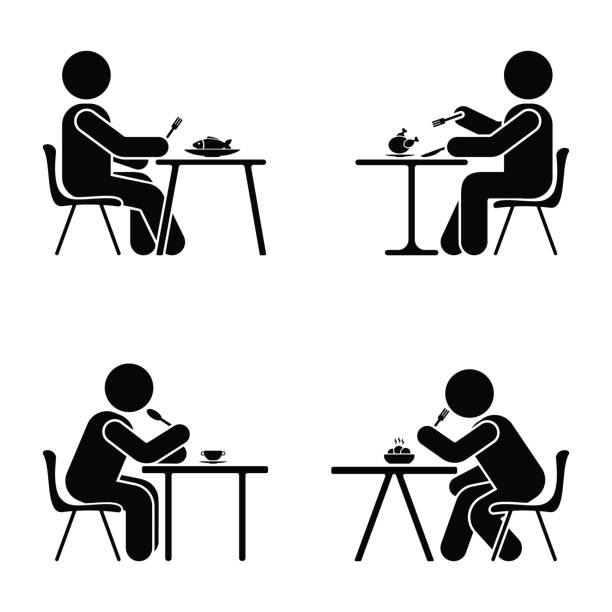 Eating and sitting vector pictogram. Stick figure black and white boy set symbol icon on white Eating and sitting vector pictogram. Stick figure black and white boy set symbol icon on white eating stock illustrations
