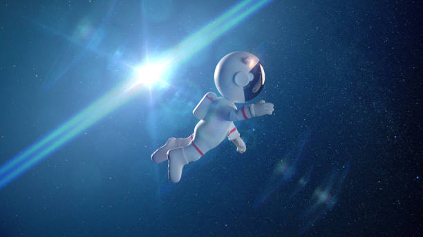 istock cute white cartoon astronaut flying in space lit by the bright Sun 840509650