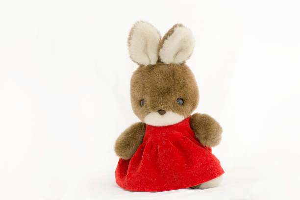 istock Rabbit doll wearing red dress standing on a white background. 840509892