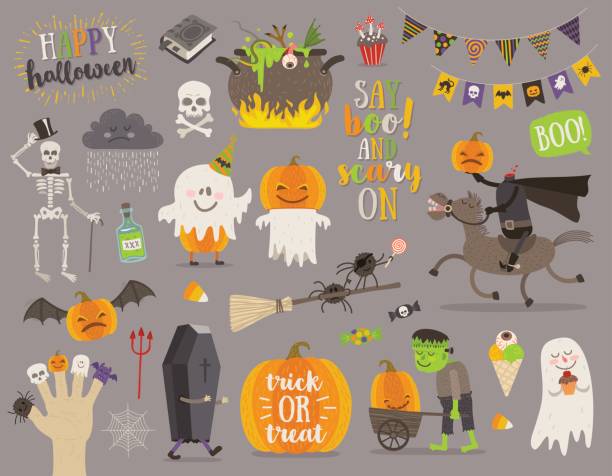 Set of halloween sign, symbol, objects, items and cartoon characters Set of halloween sign, symbol, objects, items and cartoon characters. Vector illustration. child casket stock illustrations