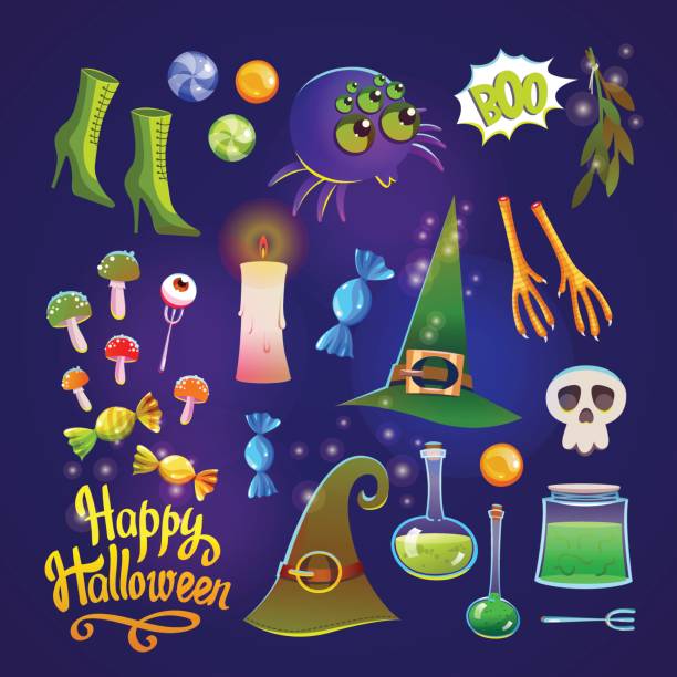 Halloween witches set with funny and scary objects. Vector illustration of eyes, potion, toadstool, candy, chicken feet, hat and boots in cartoon style Halloween witches set with funny and scary objects. Vector illustration of eyes, potion, toadstool, candy, chicken feet, hat and boots in cartoon style. scared chicken cartoon stock illustrations