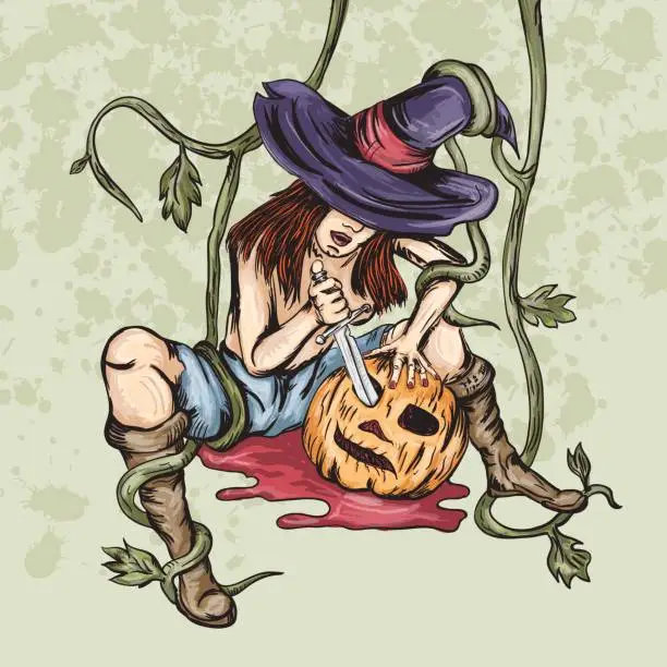 Vector illustration of girl witch cuts a halloween pumpkin with a knife