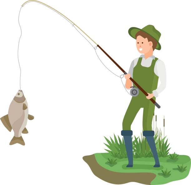 istock Fisherman standing on bank in fishing clothes, catches big fish 840517970
