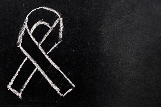 istock White chalk drawing as black ribbon shape on black board background (Concept for symbol of remembrance or mourning) 840518398