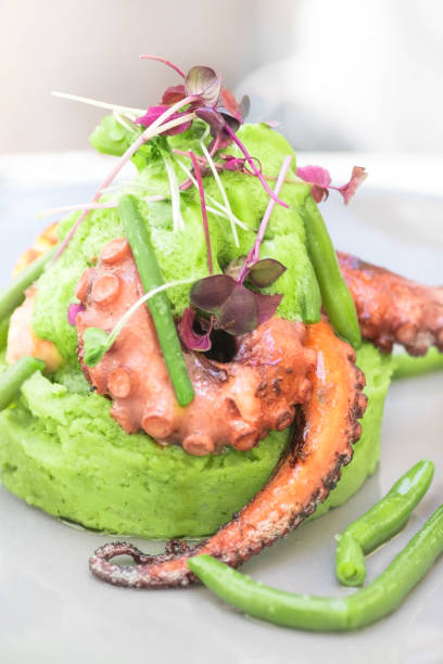 istock Grilled octopus  on green bean puree with aromatic herbs 840518498
