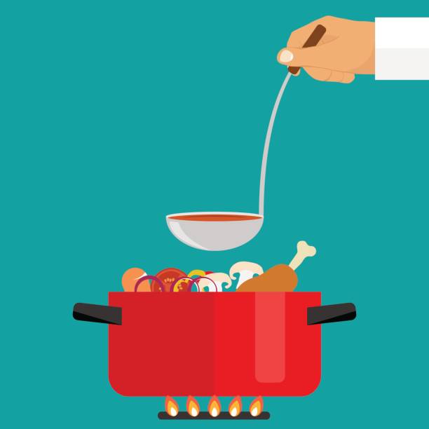 ilustrações de stock, clip art, desenhos animados e ícones de the hand holds a ladle of soup. casserole with soup on fire - saucepan fire steam soup