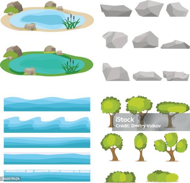 Lake A Set Of Stones Trees A Set Of Seascapes A Wave Stock Illustration - Download Image Now