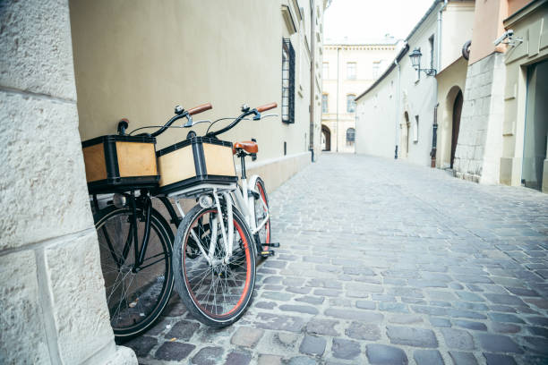 istock City bicycle parked against the wall. 840526162