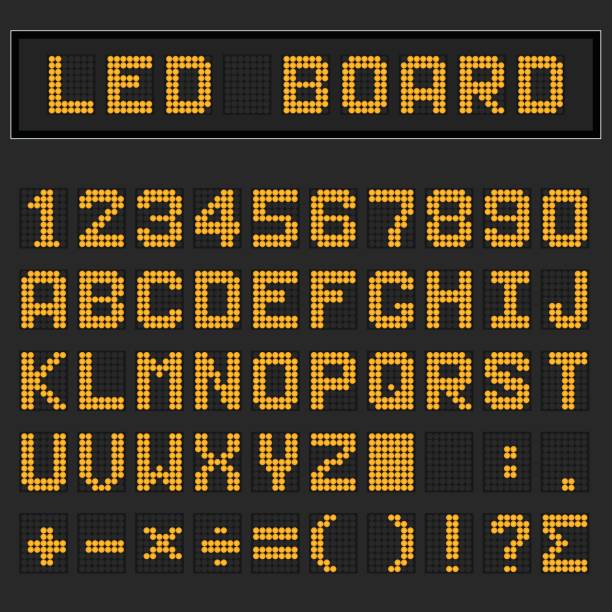 istock Orange LED digital english uppercase font, number and mathematics symbol display on black background 840527022